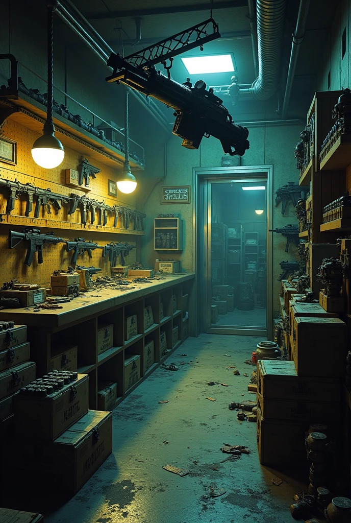 Illegal store for firearms of all types , piled up and attached to the walls , boxes of ammunition and grenades are on the ground , on the ceiling is a mobile machine gun attached to a rail, sparse lighting in dark yellow and matte blue , grim, modern city, cyberpunk, realistic, high resolution , dirty