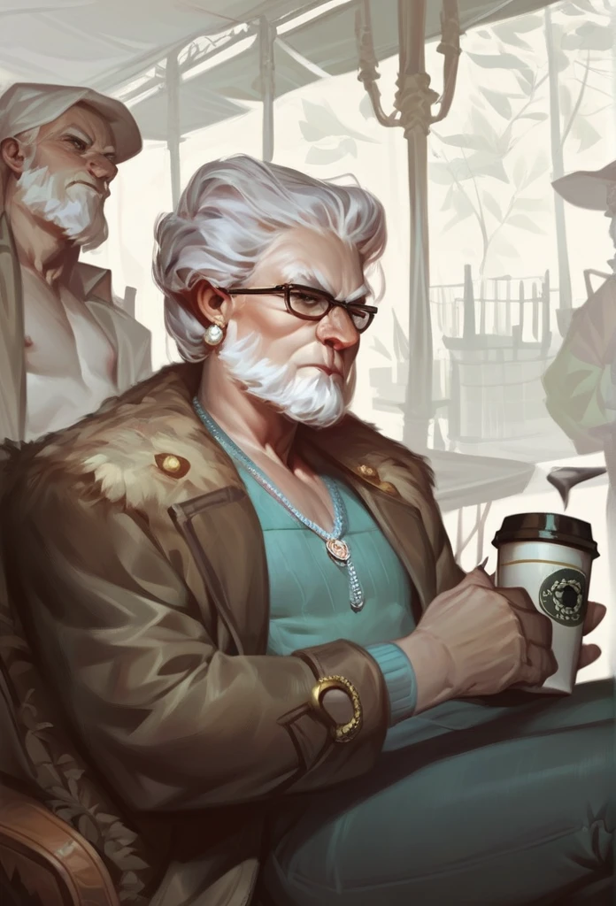  Elderly, strong, gray hair, wearing a coat. White beard. Serious expression. Sitting drinking a cup of coffee 