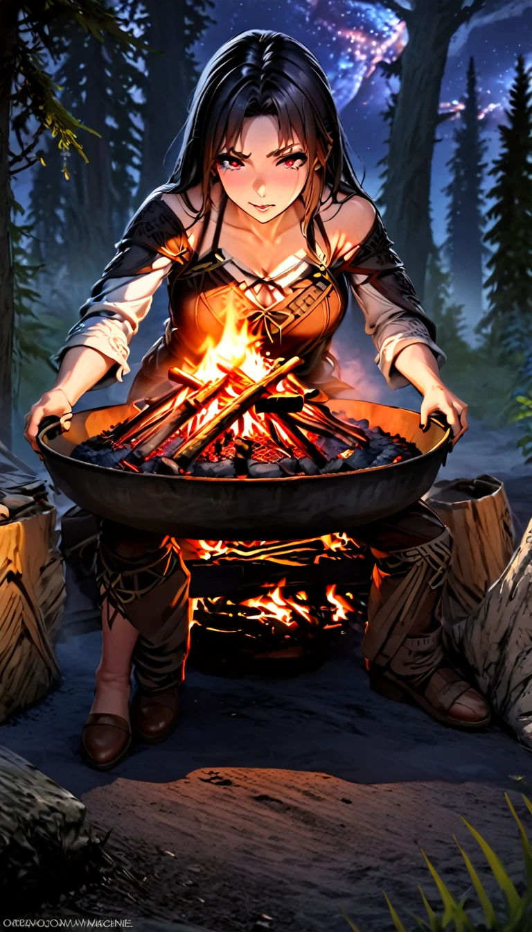 quality　 wallpaper　8k　 CG animation、 megami magazine、(masterpiece、最高quality、 so beautiful、Super detailed)、 complex details、old nordic town、Skyrim、Port、red eyes、Alone、1girl,black hair、long hair、vampire、(meadow、forest)、night sky、star night、Campfire、Warm glow、1girl,1boy、Port、Dovahkiin 、Skyrim