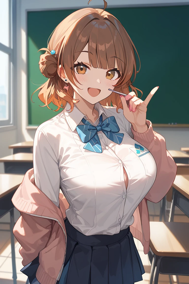 1girl, solo,
ume-default, hanami ume, brown eyes, brown hair,medium hair, hair bun,ahoge,
(masterpiece、Highest quality、Very detailed)), One girl, gyaru, Large Breasts, ((White collared shirt)), ((A bow tie)), ((Black pleated skirt)), ((white knee-highsocks)), loafers, Classroom Background, 
smile, open mouth,