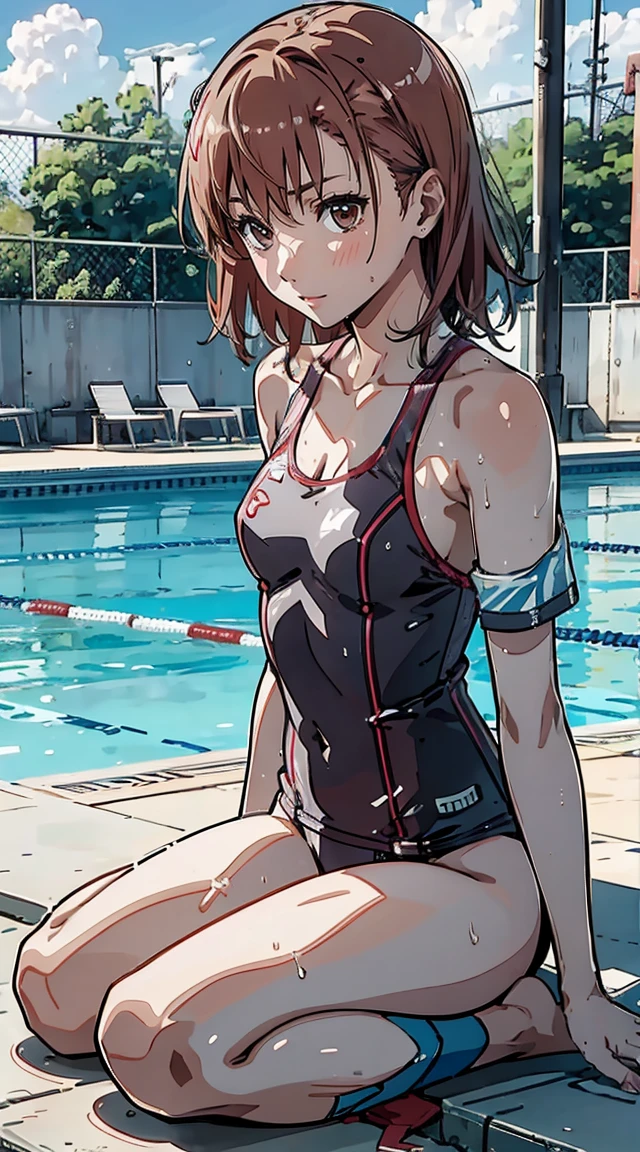  bed、 Wet 、 光沢のある competitive swimsuit,  poolside with 8 ,  best quality, Realistic　 competitive swimsuit、Half-dressed、 Take off Misaka Mikoto's  、 Wear a full body image