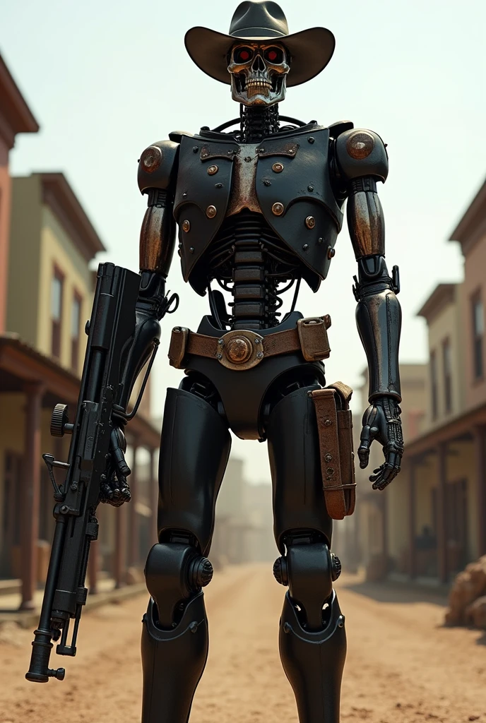 the T-800 (Schwarzenegger, age 30, physical prime, black cowboy outfit, black cwboy boots, black hat, several bloody bullet wounds), menacing, carrying a Gatling gun one handed, ammo bandolier, old west town, viewed from a low angle, show all of him
