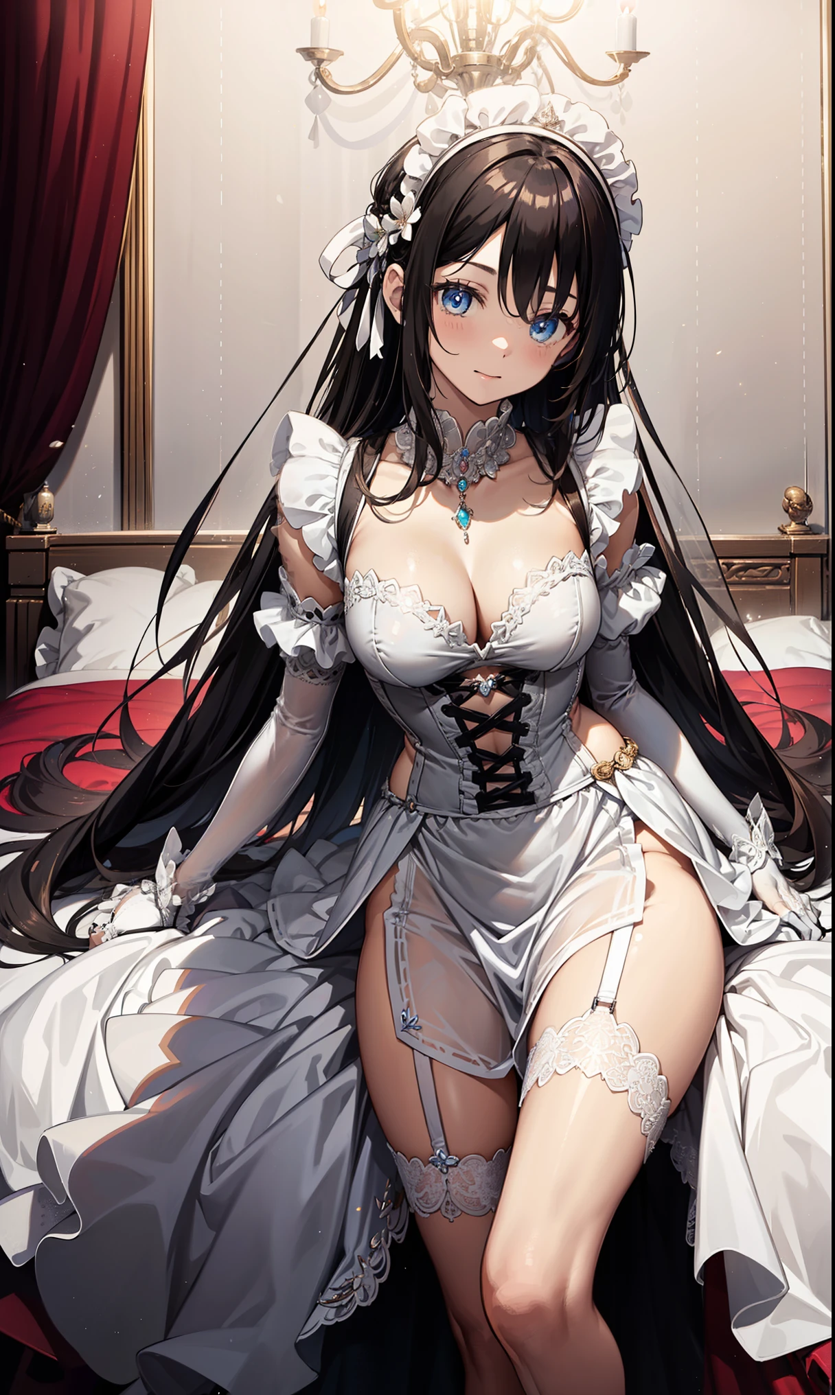   teenage girl  ，obsessed，  Have Fun  ，in love，( White Transparent Maid Outfit ，Long skirt)，Brown special hairstyle，  blue eyes，  Clear Clothes， Exquisite hair accessories ，Black long gloves， transparent lace  ，Sky blue pattern，night，Dress nicely，bedroom，solitary，night， Carved Suspenders  ，  Delicate Beautiful Face ， Closed Fuchsia Room ，Purple hue，best girlfriend