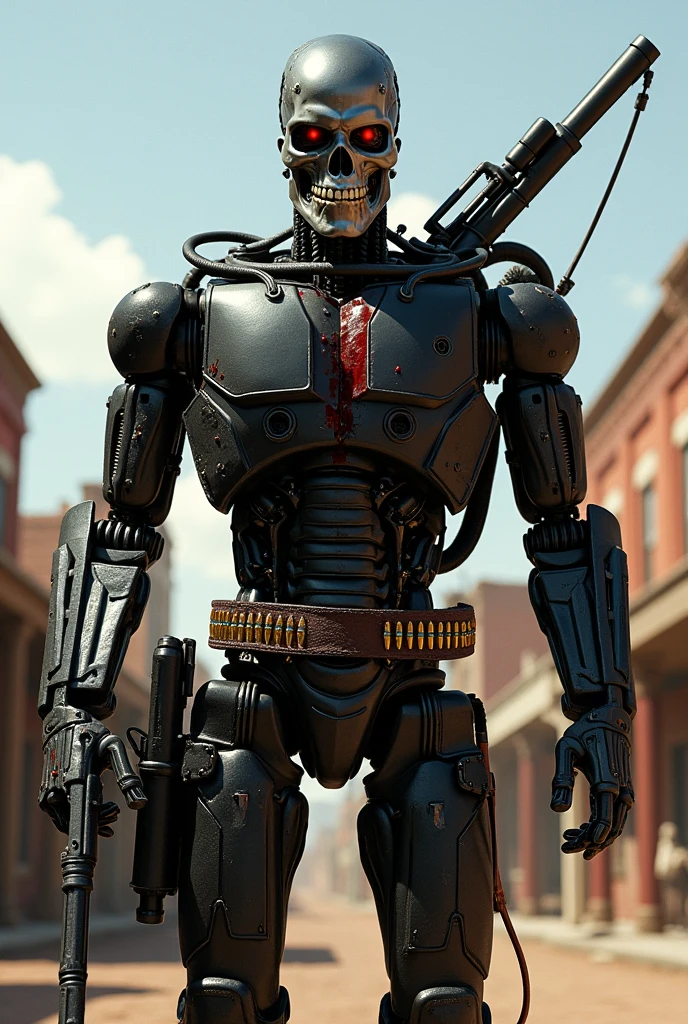 the T-800 (Schwarzenegger, age 30, physical prime, black cowboy outfit, black cwboy boots, black hat, several bloody bullet wounds), menacing, carrying a Gatling gun one handed, ammo bandolier, old west town, viewed from a low angle, show all of him
