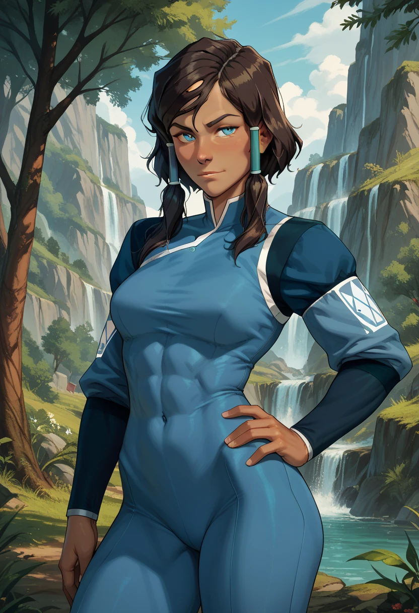 score_9, score_8_up, score_7_up, score_6_up, BREAK Katara, wearing bicycle outfit, big breasts, evil smirk, hands holding own hips, sweating, in a forest, looking at viewer,