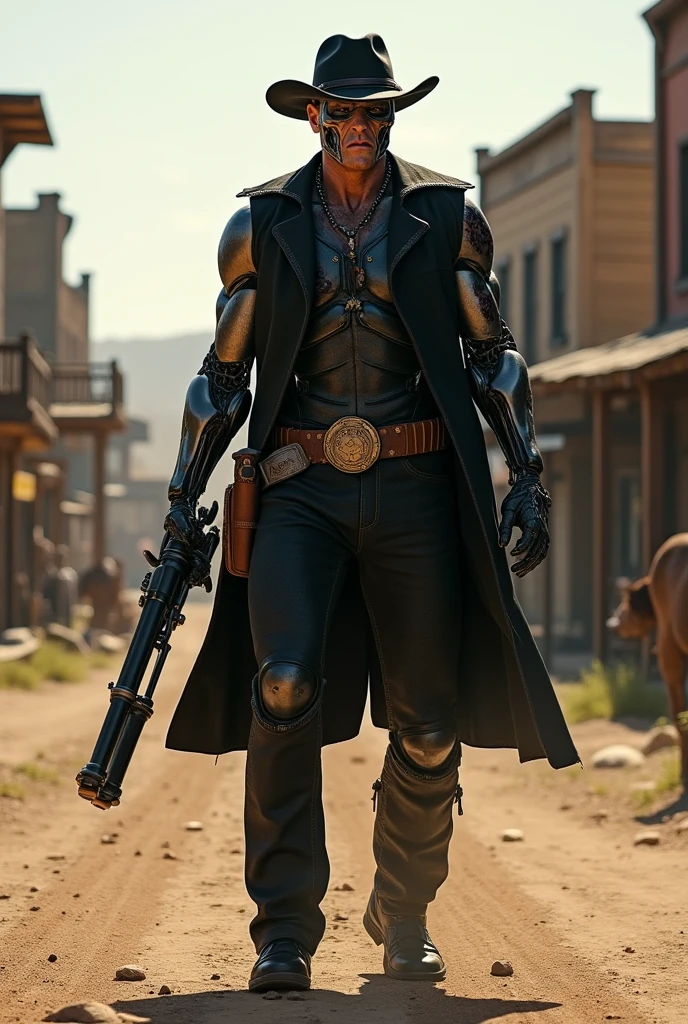 the T-800 (Schwarzenegger, age 30, physical prime, black cowboy outfit, black cwboy boots, black hat, several bloody bullet wounds), menacing, carrying a Gatling gun one handed, ammo bandolier, old west town, viewed from a low angle, show all of him
