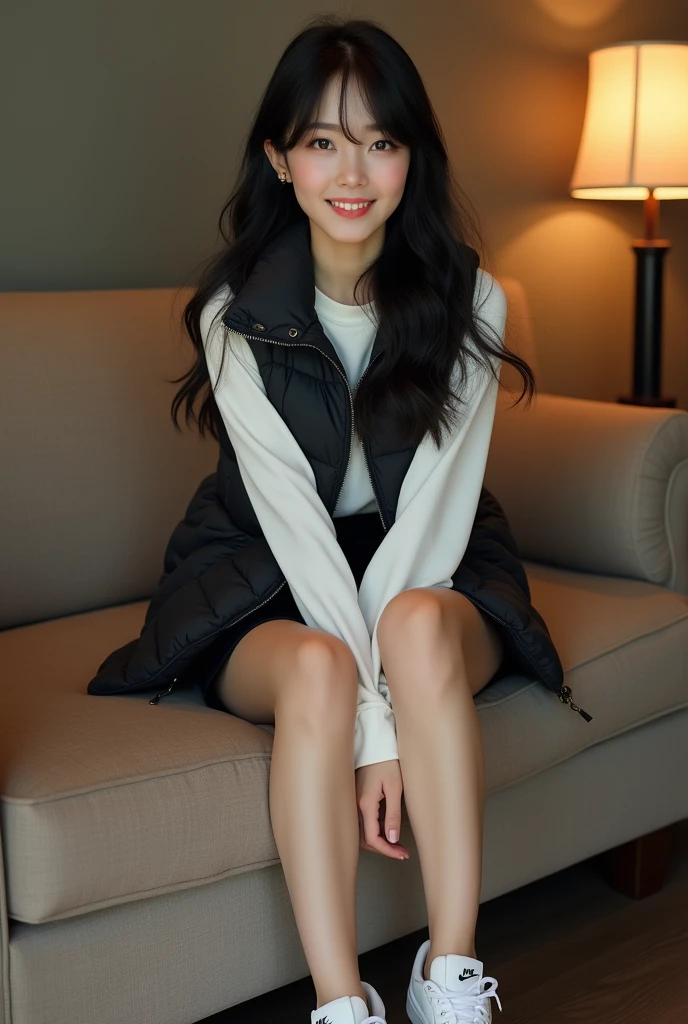 8k, masterpiece, Ultra High Definition (x) intricate detail shot 、 Korean idol style image 、 a very cute young Japanese woman 、彼女の髪は真ん中Long Hair、 Her hair has loose waves 、 I'm tying my hair in a ponytail 、 cute young Japanese woman 、 she's wearing a black 、white nike shoes、 I'm wearing a full body image 、 I'm shooting in the studio 、I'm sitting on the sofa 、 wearing a black down vest and a white long sleeve shirt 、 from below 、soft front studio lighting a very cute young Japanese woman 、 Her black hair is parted in the middle 、 1 girl, best quality 、 Ultra realistic images high resolution , Long Hair, smile, best quality, Accurate, ,