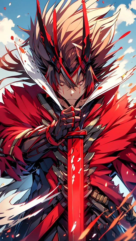 Fire Damaged Hair ,1 person, red eyes,  serious expressions,  Monster Hunter Style, Sword in hand, Noise々Shii,  high detail  、 That Time I Got Reincarnated as a Slime、red pill、large sword 、Chopping knife 、Flaming Sword、ghost、whole body