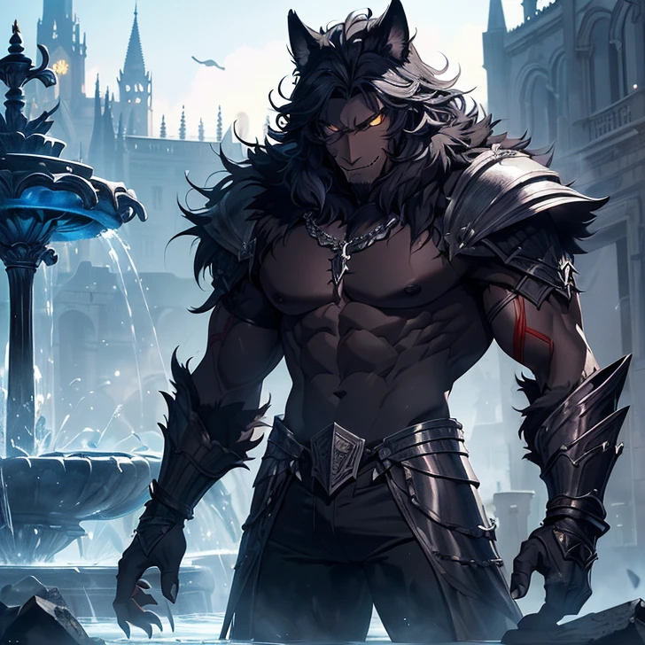 (werewolf:1.4) with a (snout:1.2), snow, snowing, (ice), icicles, frozen, chilling, chilled, ominous, horror, creepy, tall, wearing (body armor:1.6) decorated with (bones:1.2), (skull:0.9), (ribcage:1.2), piercings, fur details, fur pattern, (lightning strike), (lightning), storm, cloudy sky, backlighting, forest, nighttime, mist, fog, full moon, detailed claws, glowing, ominous aura Halo, jewelry, necklace, gold chains, (gold spikes), (fangs), smile, snarl, punk, wild hair, muscular, masterpiece, best quality, intricate detail, absurdres, high detail RAW color Photo, highly detailed, harsh lighting, cinematic lighting, detailed eyes, distinct pupils, contrast, hard light, gigapixel, 8k resolution, beautiful, cinematic, elegant, hyperrealistic, octane render, unreal, high definition, 8k resolution, highly detailed, 8k uhd, professional lighting, photon mapping, radiosity, physically-based rendering, award-winning photography, detailed face, backlight, ultrarealistic, ray tracing, intense gaze, cinematic lighting