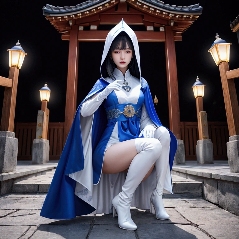 South korea women mystery hooded on with modern royal Blue coat with buttons and royal Blue cape and very high white heel over the knee and white gloves, As she reveals a small secret hidden blade, blood stain on her,adding to the character’s mysterious and agile appearance, with small movements of air on the cape, in summer at night under the rain, . The scene is set at night,human corpse, Pool of blood, splash of blood, there was someone behind him wearing the same clothes in an alley in the garden. , intricate detail, ultra detail, incredible detail, intricate detail, extremely detailed and intricate, super max, masterpiece, best quality, HDR, UHD, unreal engine. , beautiful face, Rich in details High quality, gorgeous, captivating, 8k, super detailed, stunning shadows, detailed lines
