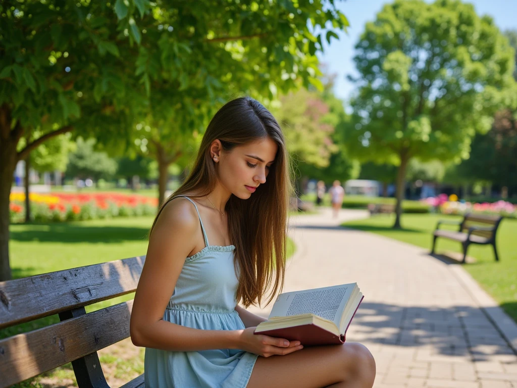 Girl reads a book by the lake, colores brillantes, primavera, ramas de sauce, comodidad, warm sunlight