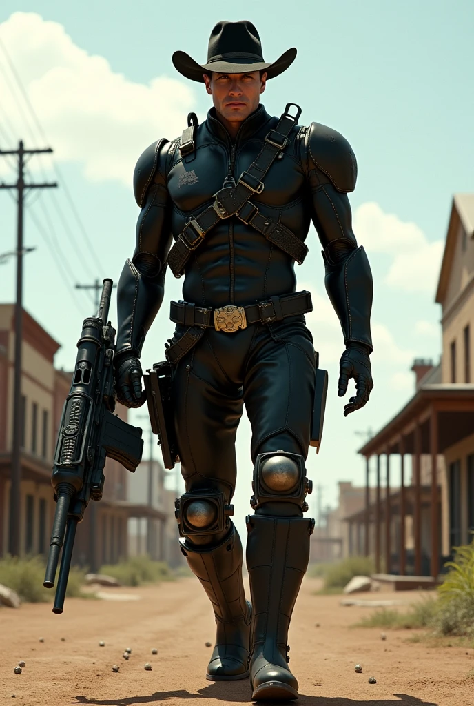 the T-800 (Schwarzenegger, age 30, physical prime, black cowboy outfit, black cwboy boots, black hat, several bloody bullet wounds), menacing, carrying a Gatling gun one handed, ammo bandolier, old west town, viewed from a low angle, show all of him
