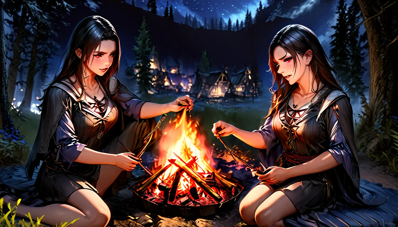 quality　 wallpaper　8k　 CG animation、realistic、(masterpiece、最高quality、 so beautiful、Super detailed)、 complex details、old nordic town、Skyrim、Port、red eyes、Alone、1girl,black hair、long hair、vampire、(meadow、forest)、night sky、star night、Campfire、Warm glow、1girl,1boy、Port、Dovahkiin 、Skyrim