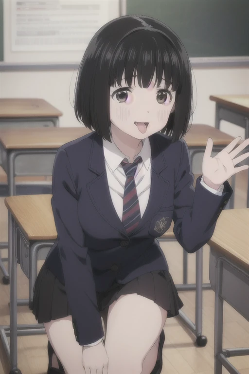 Alone,  1 girl,  viewers, 2D, Anime, Anime coloring,  black hair、whole body, (classroom:1.3), Kogma, Navy blazer, tie,  miniskirt that snaps around the knee、smile、( fellatio gesture:1.3), ( open your mouth :1.2),  Slouching , ( long tongue:1.3), (Place your hand near your mouth)、3 Boys、、3 Penis:1.3、Facial:1.3, ejaculate and large amounts of semen 、Staring at the penis:1.3