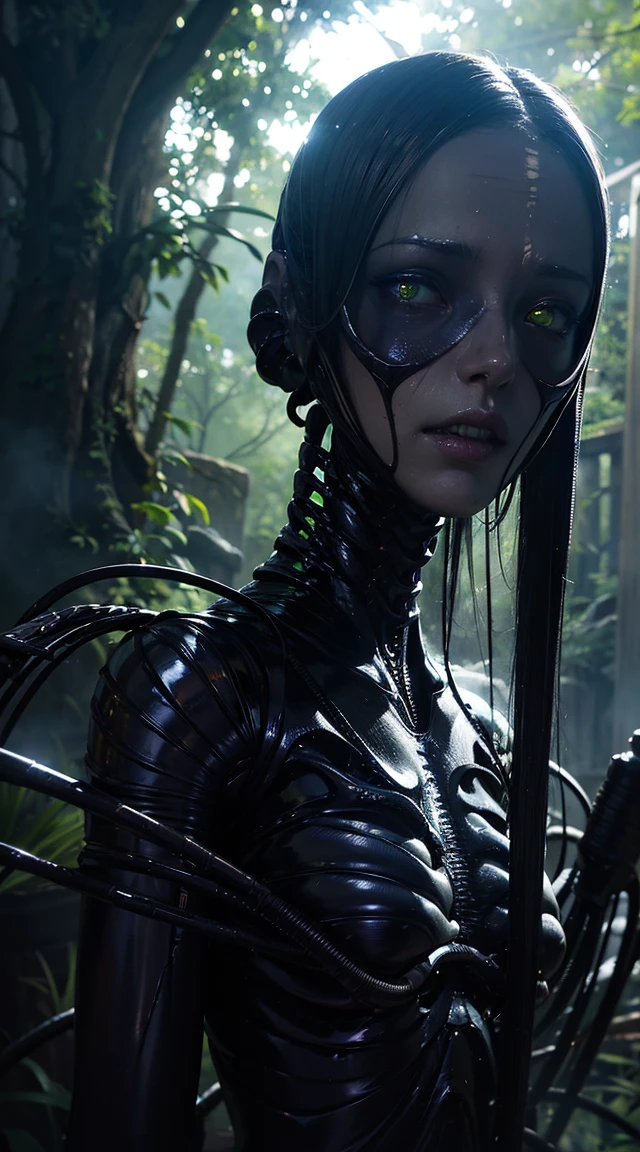 Beautiful Female Xenomorph ,  photorealistic style , Living things,  Science Fiction , dark,  smooth texture, Shiny Exoskeleton, biomechanical design, Elongated head, Long and narrow jaw, Sharp teeth, Sharp black eyes, Slender body, The tail of biomechanics, Transparent membrane,  Eerie Atmosphere , Lush alien landscape, Vibrant plants, Mysterious rock formations, Atmospheric lighting, kaskading waterfalls, Fairy Mist , Faraway Alien Sky, Fascinating celestial objects