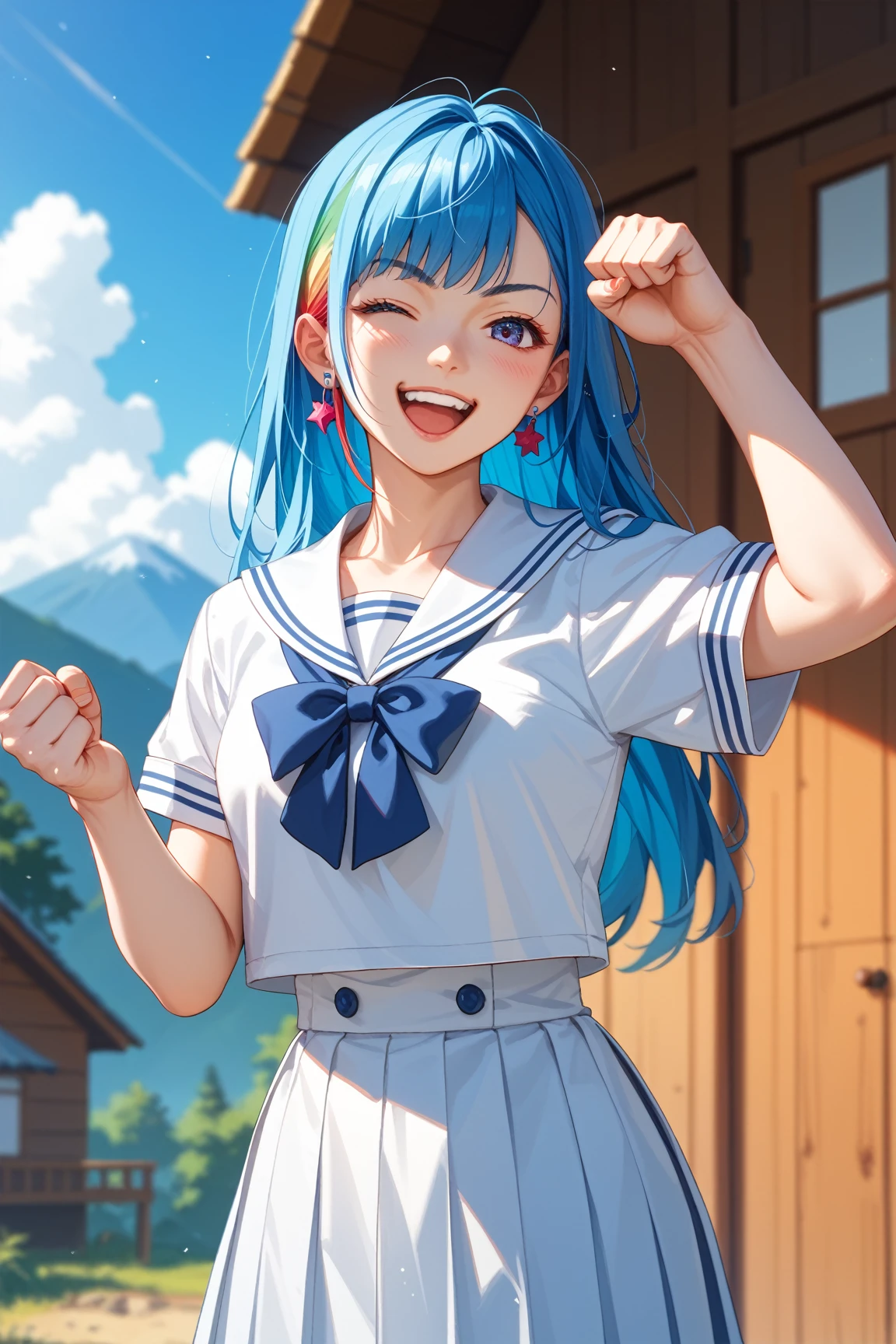 (Highest quality:1.24K, 8K, Very detailed, Latest, Vibrant, High detail, masterpiece:1.2, Highest quality, Best aesthetics), (((1 Girl))), JK, Sailor suit, Pleated skirt, Open your mouth slightly:1.2, smile, (Blue Hair, Twin tails in a high position), Dynamic Angle, Friendly atmosphere, Beautiful Hair, Shiny Hair, Beautiful Skin, Detailed face and eyes, Glossy Lips, Curvy Women, A park full of greenery:1.2, Colorful flowers, Light and shadow with attention to detail, Background Blur.