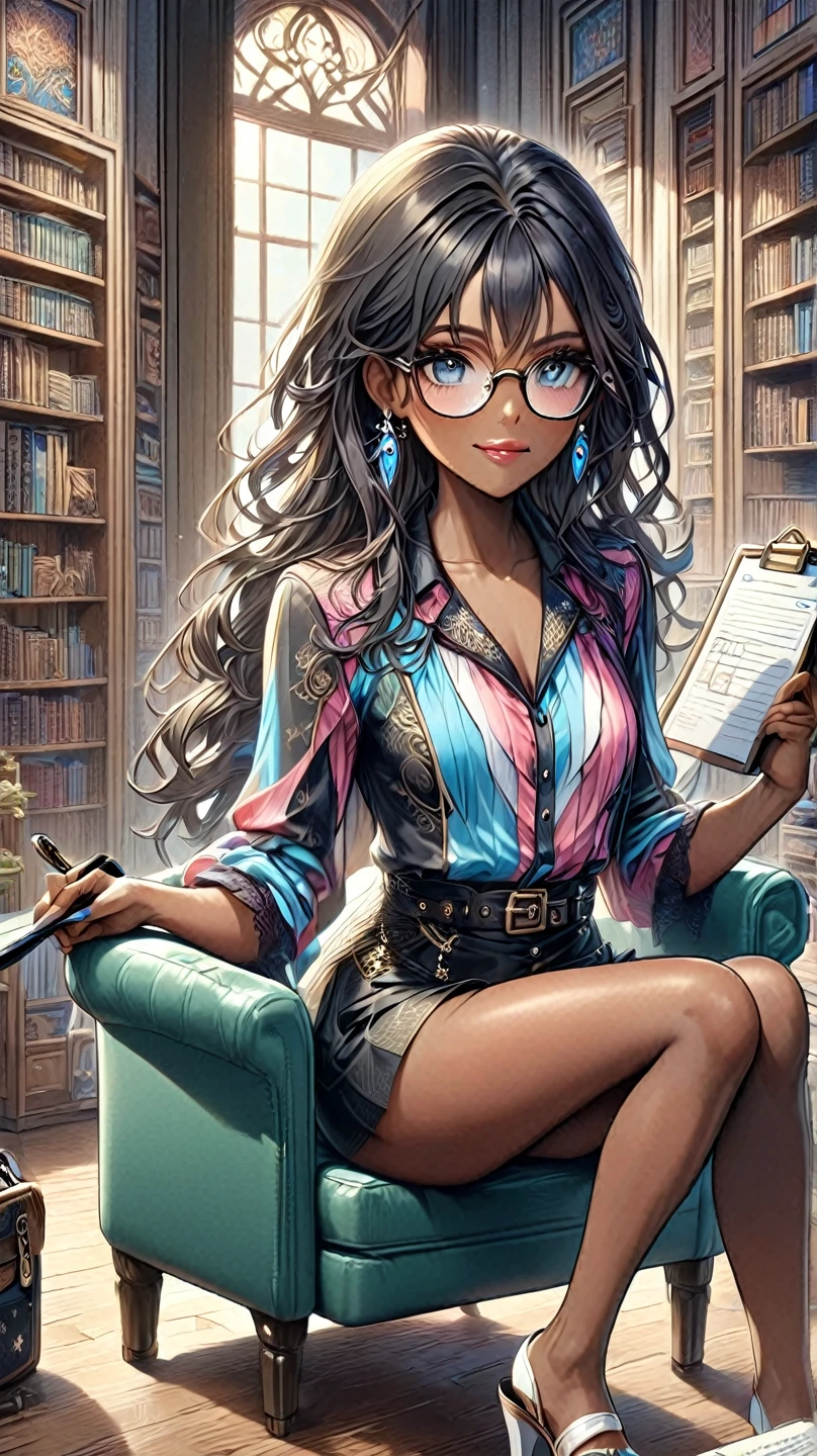 (((Adult trans woman)): formal suit, mini skirt, ((Trans flag colors blouse)), short arm blouse, black eyes, ((brown skin)), dark skin, showing the whole body, ((black hair, long wavy hair)),(High heel white sandals). Closed mouth)); full body shot, cute smile, intense eyes looking, (sitting in armchair, in front of a couch), good hands, holding  a clipboard and pen, crossed lega, psychological clinic background. High quality. 4k, 8k, many details. Masterpiece, accurate, anatomically correct, detailed background, better quality, original work Focus on details, Front view, earrings, mature face , flat chest, eye glasses, bookshelves behind, Divã, analyst couches behind 