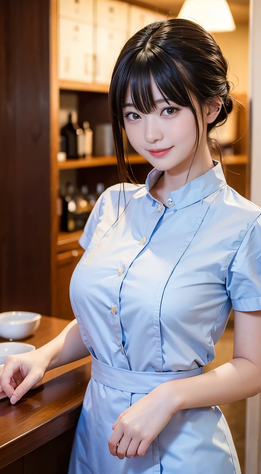 NSFW、1 girl in、are visible from the top of clothes:1.5、Saggy big、Japan girl with idol face、with round face、tits out、With bangs、a baby face、16 years old Part-time job、woman samurai、Coffee on the table、Ultramammy、teats、 pinafore、Micro Panties、((Uniform that emphasizes breasts：1.5))、(High-waisted mini apron:1.2)、((Long skirt in navy color:1.5))、(((White shirt:1.2)))、Short ponytail、pubick hair、(Forward leaning position)、​masterpiece、top-quality、ighly detailed、Carry coffee、waitresses、Sales Smile、bottom less、(Flip up the skirt yourself:1.5)、(((White panty:1.3)))、(tea shop)、(buttock:1.2)、(cleavage of the breast:1.2)、Nipple sheer、Without bra、the pose、Poses、(Tempting:1.4)、(Lower breast:1.3)