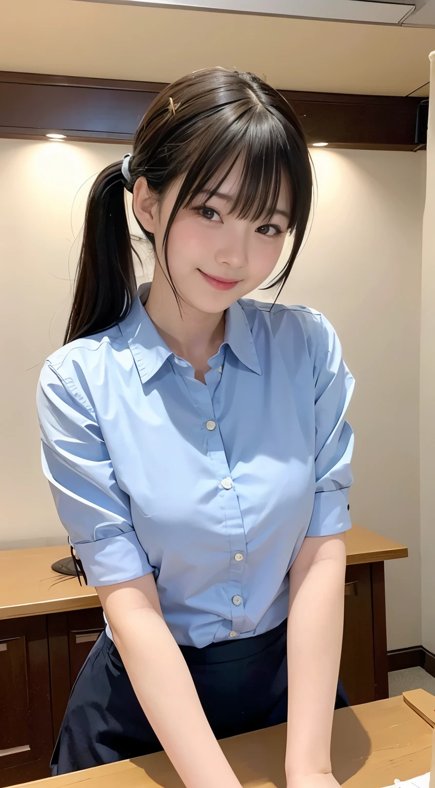 (Highest quality、8k、32K、masterpiece、Hmph:1.2)、(masterpiece, Highest quality), Realistic photos, high school girl、very cute、15 years old、Short Ponytail、sexy、Instagram, Bright colors, High Dynamic Contrast, Slender figure、thin、Small, shapely breasts、One person、Gray Hair、 Purple eyes, Lips parted, blush, compensate, 軽いsmile, A thin white short-sleeved shirt that is slightly translucent.、sexy、Green exy、Sweat, Wet, light, Shine, Tight waist, (masterpiece), Pink Wallpaper、sexy、smile