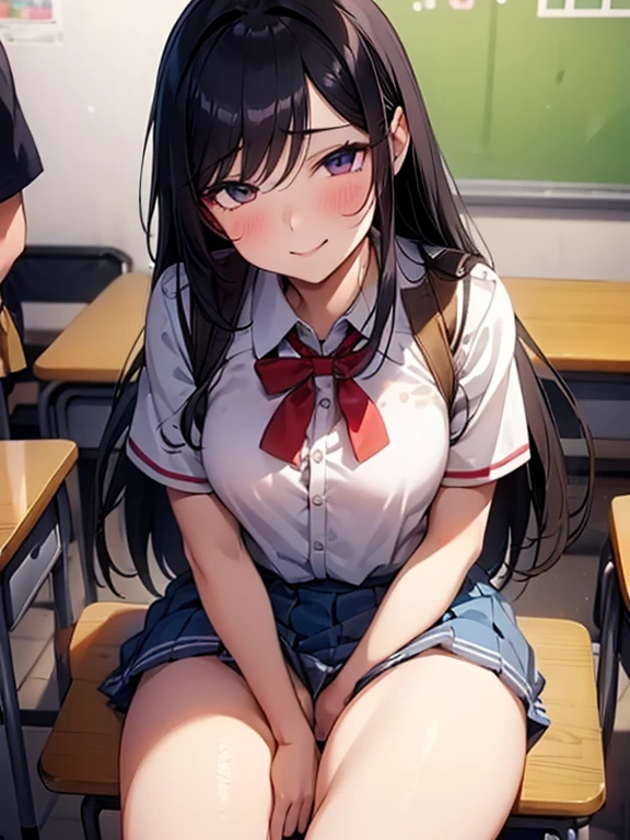 1 femboy, Beautiful crossdresser boy who can't hide his erection，high school student，Classroom，Beautiful boy with long black hair，He masturbates during class so that no one will notice.，smile,embarrassed.，His thighs are stained with his cum.