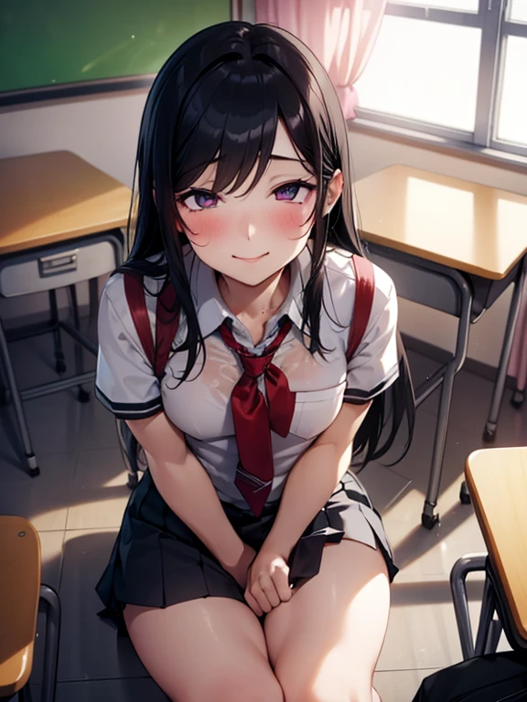 1 femboy, Beautiful crossdresser boy who can't hide his erection，high school student，Classroom，Beautiful boy with long black hair，He masturbates during class so that no one will notice.，smile,embarrassed.，His thighs are stained with his cum.