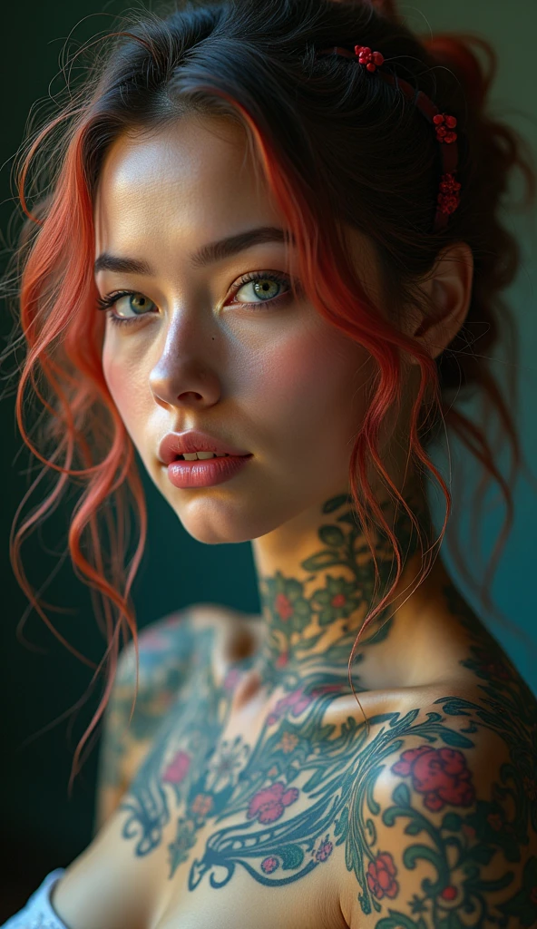 A portrait of a young woman with a poised and confident demeanor, looking directly into the camera. Her hair is stylishly tousled with volume, featuring light and dark tones. She has a serene expression, with warm-toned makeup that enhances her natural features. She possesses an array of elegant floral tattoos in vivid colors of red, yellow, and green that adorn her shoulders and chest. Her earrings are delicate and feminine, photo realistic, cinematic, movie still, captured in the style of Sony Alpha A7 III camera