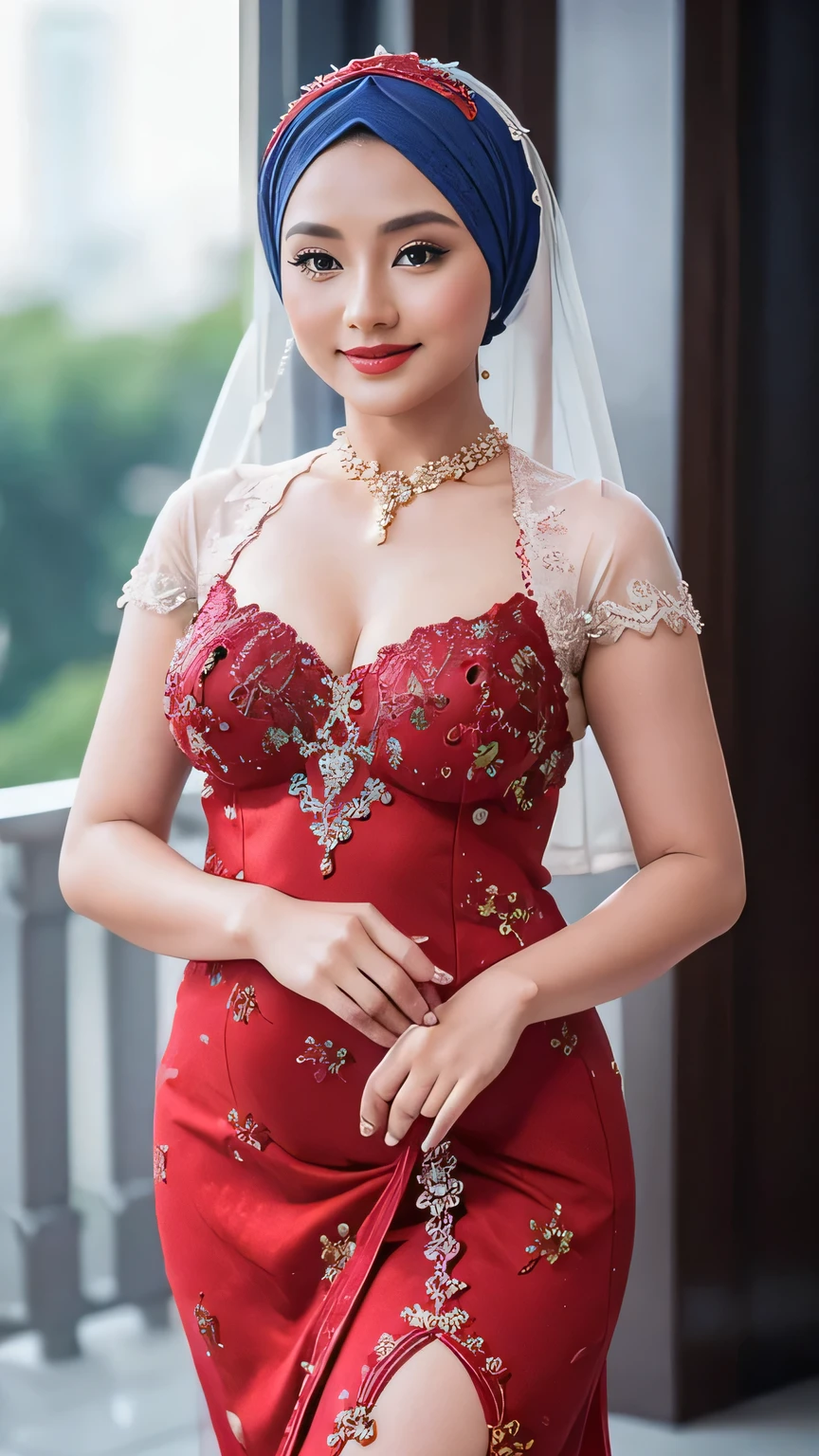 Beautiful, cute baby Face, russian ta Girl, red lipstick, sensual Lipstick, dark red lipstick,blue eyes, (wearing hijab) and sexy kebaya dress, Rounded small Breast, cleavage cutout, slightly Chubby , luxury necklace, White Skin, Smiling, Dark City Background, mid shot, upper body, Perfect Potrait, Bokeh Effect, Look at Viewer, Armpit, Perfect Eye, Perfect Hand, Perfect Finger, Bracelet, Ring, small breast, ((adorable:1.2)), ((masterpiece:1.1)), ((bokeh:1.2)),