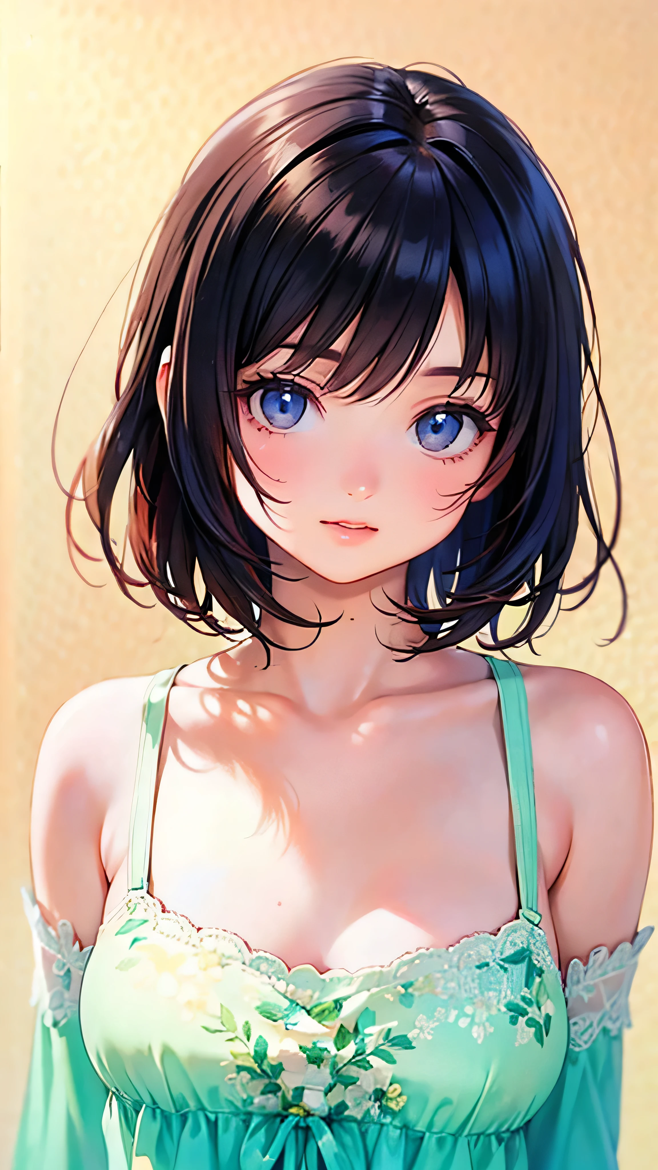 (masterpiece, Best Quality,  OFFICIAL ART:1.2),  one woman, plain background ,  super precise illustration, highly  Details,  Dynamic Angle, beautiful  Details, 8k, (Best Quality, masterpiece,  Hi-Res,  Details),  anime style, (beautiful details,  beautiful lip detail, Very detailed eyes and face), smooth brushstrokes, Black Hair,  Dynamic Angles , (( vintage , plain background ),  in a gorgeous dress 