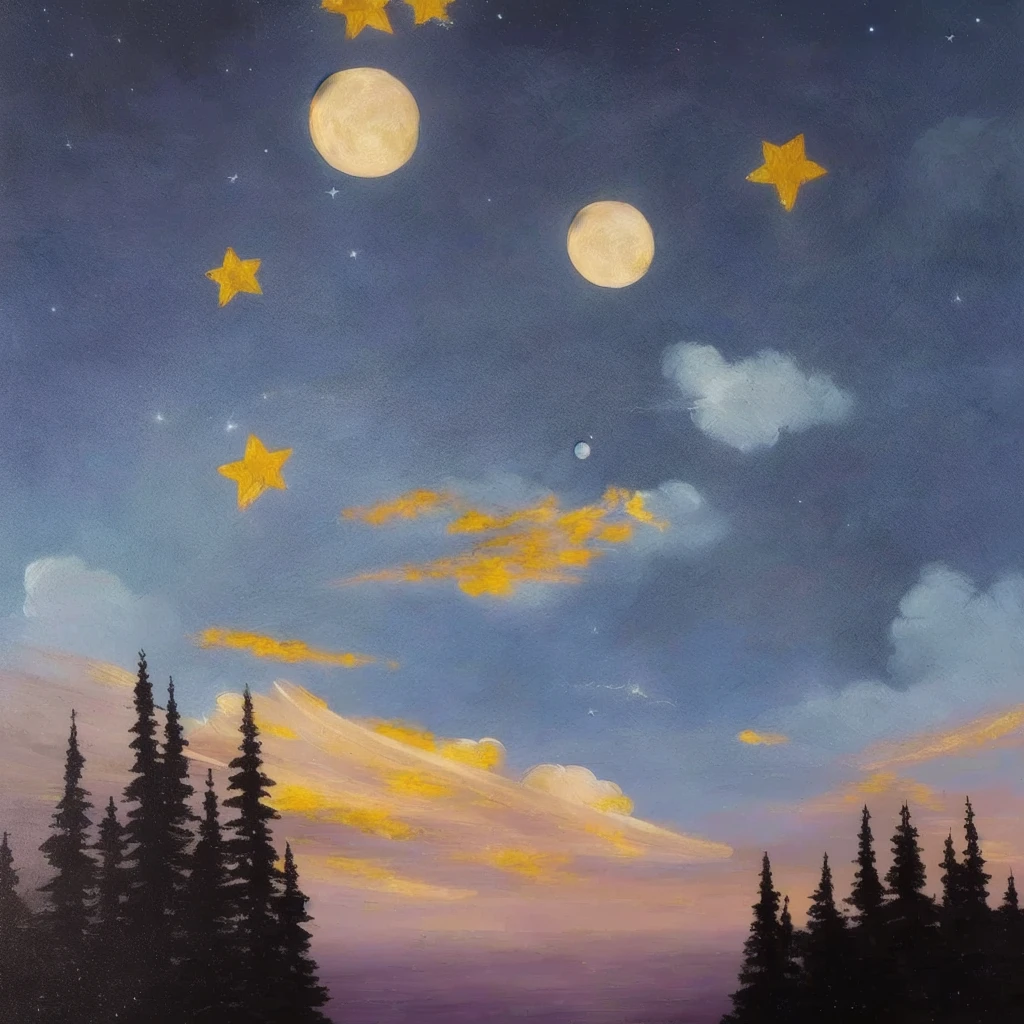 painting of a night sky with stars and moon and trees, baroque painting. star lit sky, stary night painting, five star oil on canvas, painting of a dreamscape, moon and stars, stary sky, the moon and stars, stars in the sky, with stars, magical realism painting, starry skies, stars in the distance, sky strewn with stars