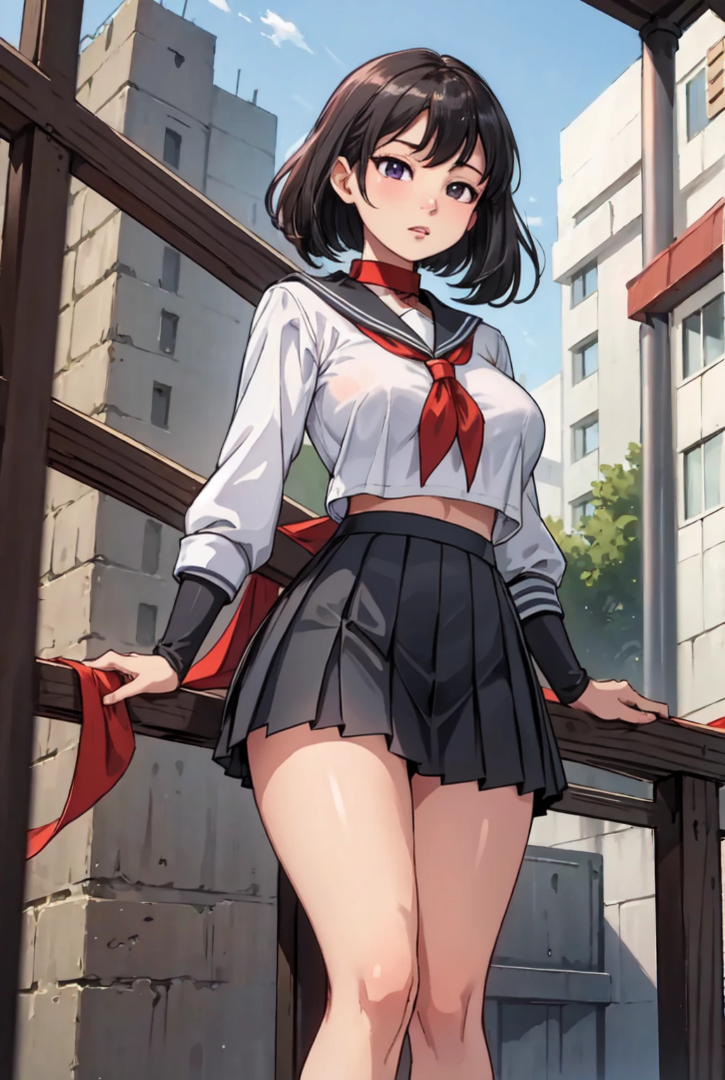  sailor suit、White summer clothes、The collar is black 、 white three lines 、 the red scarf is short、 Pleated Skirts、 the pleats are narrow 、 length short skirt 、 miniskirt that snaps around the knee、Beautiful breasts、Big Breasts、Busty、超Big Breasts、Small waist、 long foot、