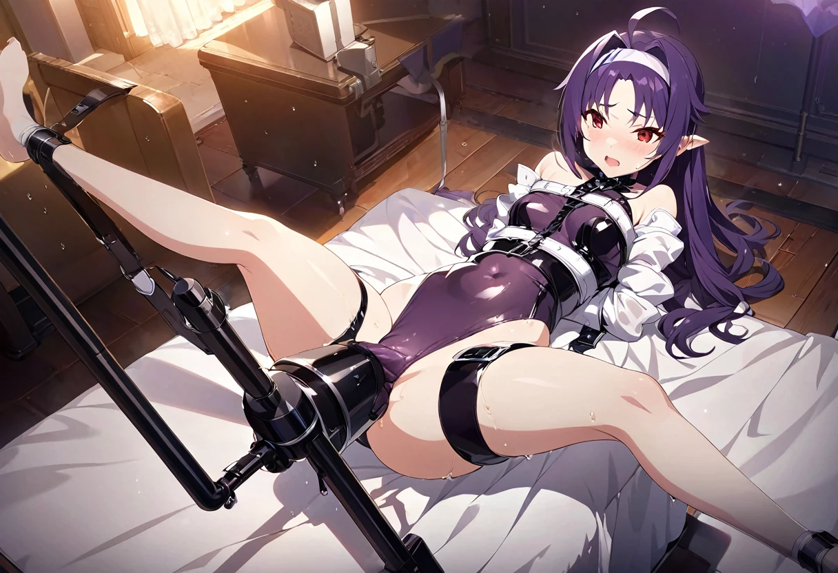 Yuki Bass , Purple Hair, Long Hair, Ahoge, red eyes, Pointy Ears,  headband,  Detachable Sleeves  ,  leotard, Purple Skirt, Shoulder Bare, Gloves,  one girl ,  Movie-like , Game CG,  animated screenshot,  Official Art, masterpiece,  best quality,  Girl Wearing White Restraint ,  White Restraint White Disheveled Hair, Inside sheet,Restraint belts everywhere ,Arms tied, Latex straitjacket  , Wet clothes,  sheer clothes, sex toys, sex machine, navel, black panty, bedroom, bed, suspended, barefoot, Lying on your back, Spread your legs