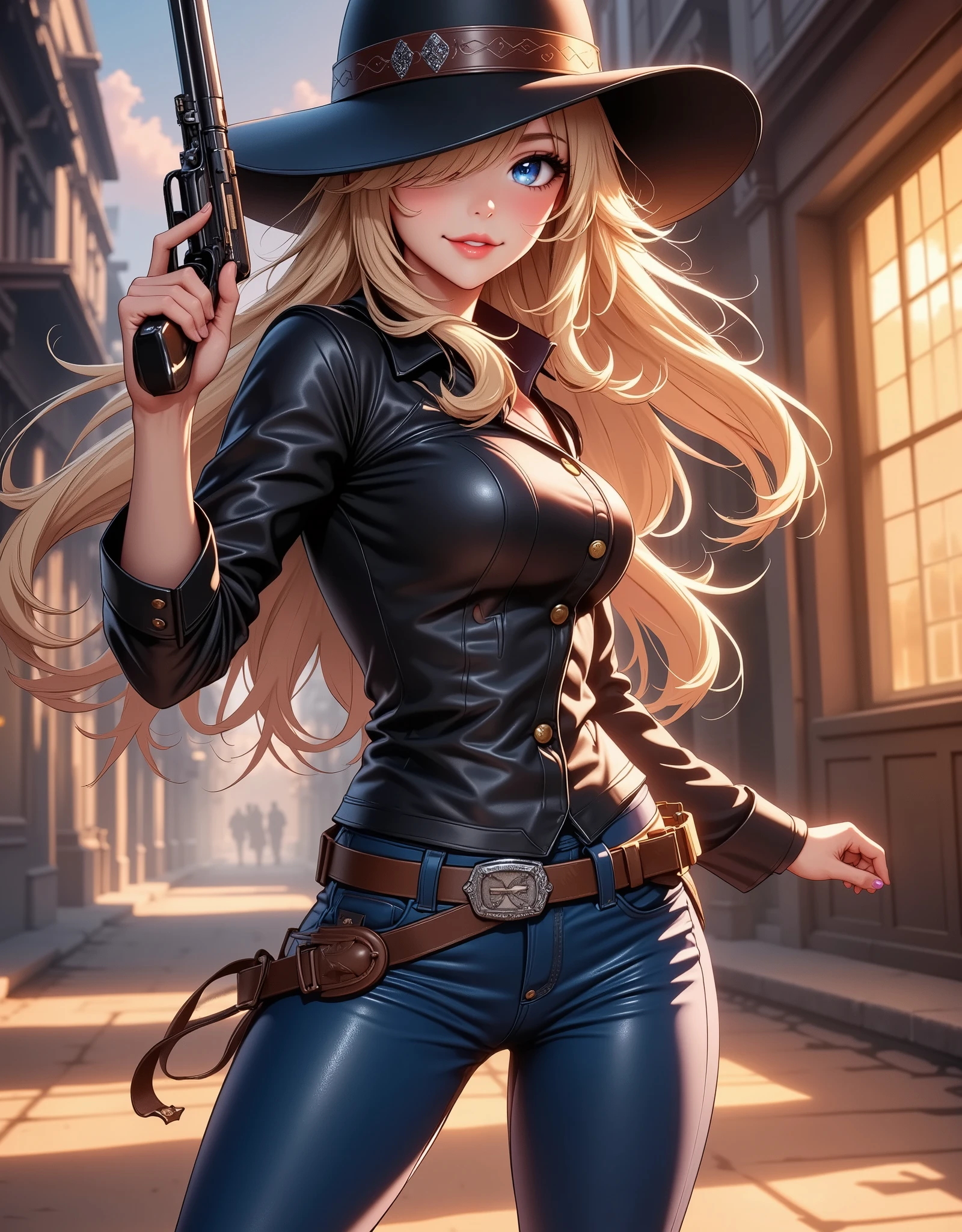  beautiful cowgirl ,  Amazingly Fine Face , Striking blue eyes,  Accumulated Long Lashes , Red lips, Fine skin texture, cowgirl hat,  leather jacket ,  Tight Blue Jeans , Cowgirl Boots ,  Holding a Revolver Gun ,  Dramatic Action Poses,  cinematic lighting, Warm tones,  Beautifully Detailed CG Illustrations ,  anime style:1.2,  vibrant colors,  Fantasy ,  digital art, 8k, real, フォト real, masterpiece,  Exquisitely Detailed 