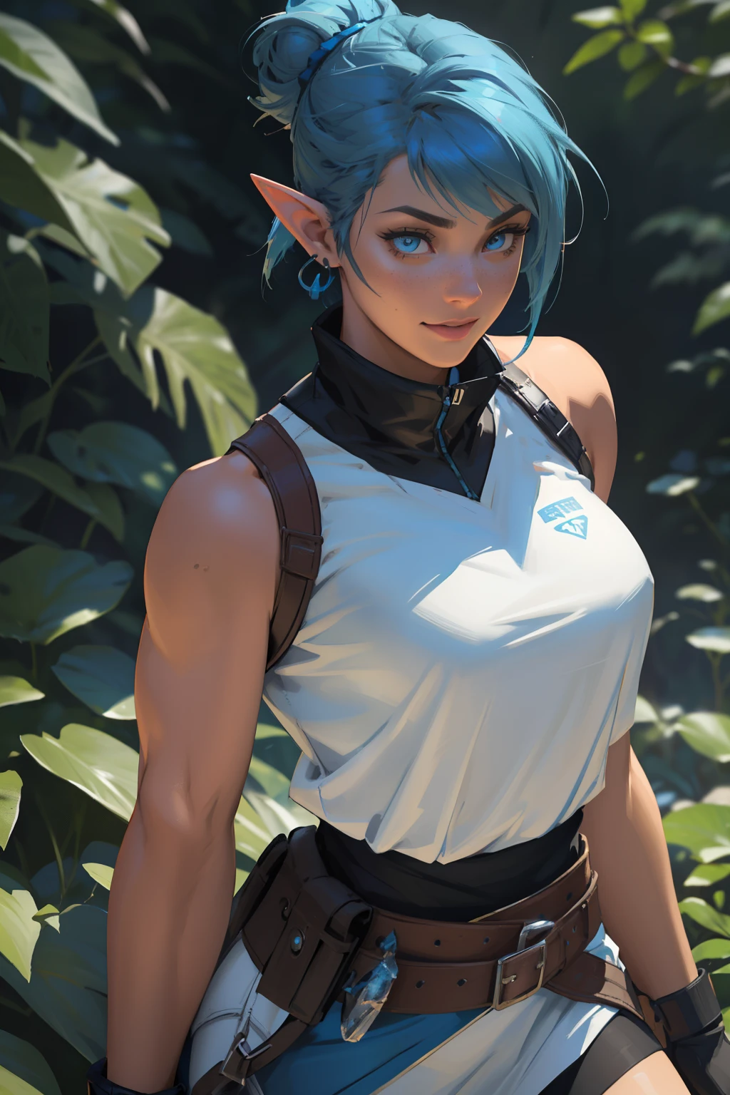 Korra da avatar,(best quality, 4K,8k,high resolution,work of art:1.2)(weather: showing), tundra background, artic village, wide hips, long curly hair, brown hair, freckles, sleeveless crop top, fur belt, bodycon winter skirt, leggings, winter boots, elbow long gloves, light makeup, dark eyeliner, blush, flirting pose, earrings, glowing eyes, ultra detailed, portrait, realistic, beautiful detailed blue eyes, beautiful detailed lips, extremely detailed eye and face, long eyelashes,average, large breasts, flying hair, beaming smile, sexy smile, powerful girl, bright coloured, dramatic lighting, blue flames, a beautiful elf girl training, short brown hair, double bun hairstyle, blunt bangs, blue eyes, hair ornament, detailed face, elegant pose, mystical forest background, cinematic lighting, (best quality,4k,8k,highres,masterpiece:1.2),ultra-detailed,(realistic,photorealistic,photo-realistic:1.37),fantasy,concept art there is a woman with blue hair taking a selfie, short blue hair, with blue hair, blue short hair, short blue hair!!!, messy blue hair, halfbody headshot, blue hairs, blue hair, short blue haired woman, chloe price, sky blue highlights in hair, cyberpunk dyed haircut, flowing blue hair, brown hair with light blue ends, blue and black, LAUFEN, SHORT HAIR, DOUBLE BUN, BLUNT BANGS,