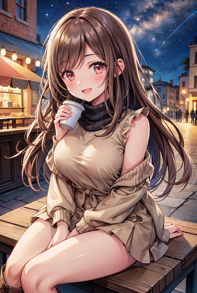  1 girl, solo,  High Resolution , Long Hair, (Large Breasts),  looks,  blushes, smile, Brown Hair, masterpiece, accurate,  anatomically correct,  Multiple Award Winners ,  detail,  high definition models, 高い detail, high quality,  very detailed , Retina,  textured skin,  ultra-fine, whole body, Italian cityscape, Black sweater,  beige miniskirt, Brown long boots, Italian cafe , autumn, night, Starry Sky, Terrace seats, Cooking on the desk,  sit on a chair,  brown eyes , smile, Open your mouth,Accentuate your lower body,  Knee-High Socks , holding a coffee cup, Panty shot, Pink underwear, Spread your legs, Close your eyes,