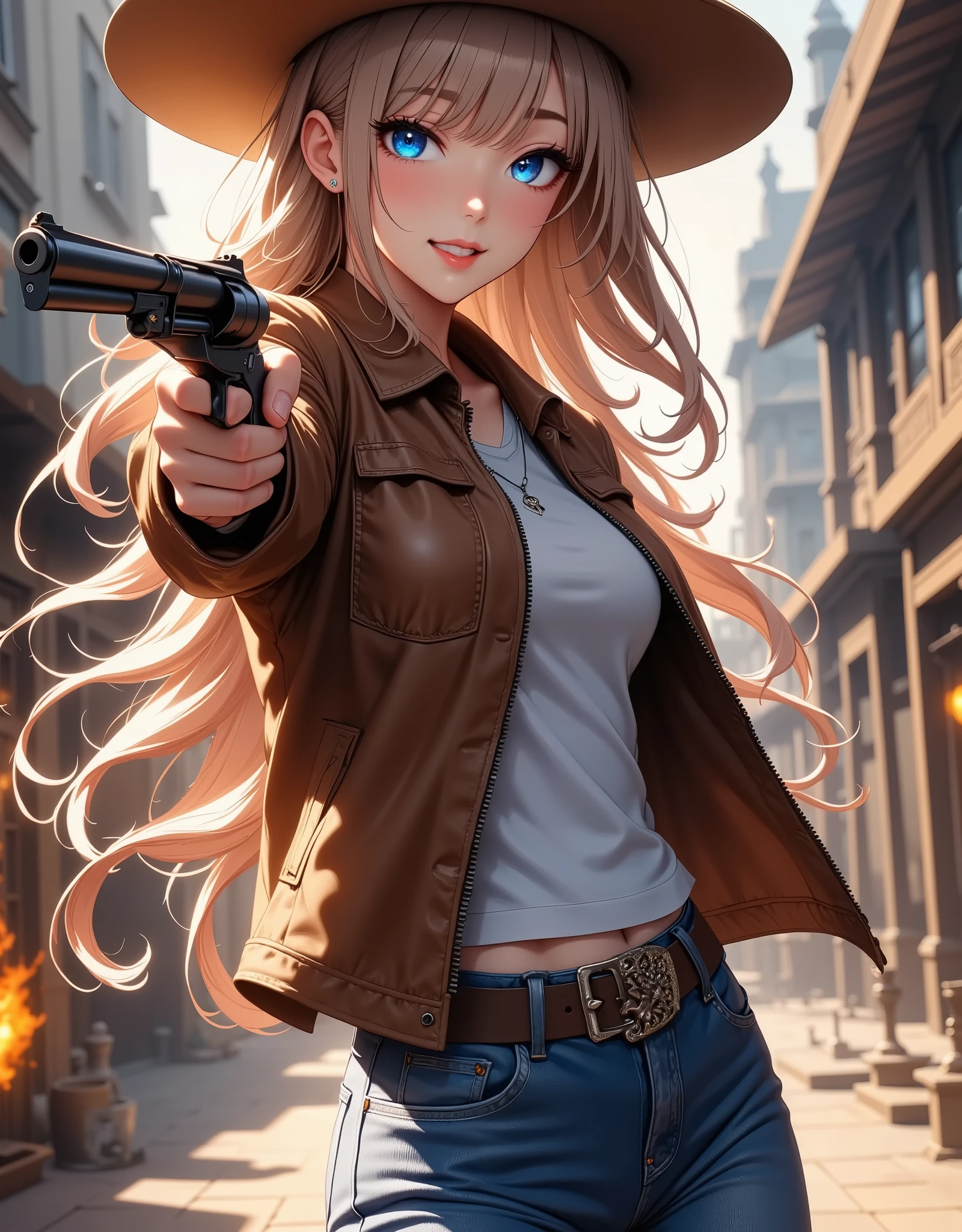  beautiful cowgirl ,  Amazingly Fine Face , Striking blue eyes,  Accumulated Long Lashes , Red lips, Fine skin texture, cowgirl hat,  leather jacket ,  Tight Blue Jeans , Cowgirl Boots ,  Holding a Revolver Gun ,  Dramatic Action Poses,  cinematic lighting, Warm tones,  Beautifully Detailed CG Illustrations ,  anime style:1.2,  vibrant colors,  Fantasy ,  digital art, 8k, real, フォト real, masterpiece,  Exquisitely Detailed 