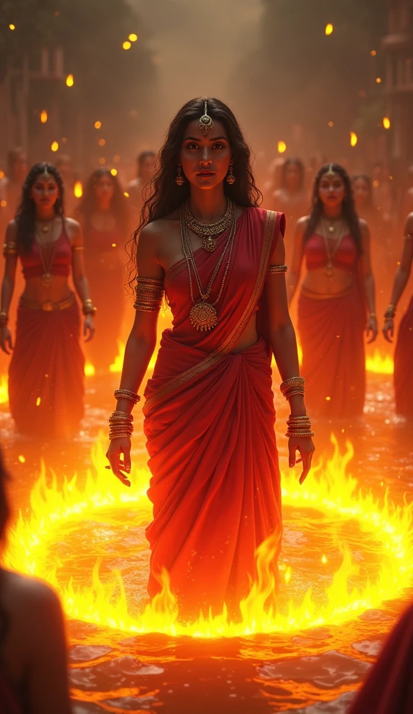 “A dramatic scene of Goddess Sati at her father’s sacrificial fire (yajna), her expression filled with sorrow and determination. Flames surround her, and she is about to step into the fire in an act of self-immolation. In the background, onlookers are shocked and saddened, reflecting the gravity of the moment.”