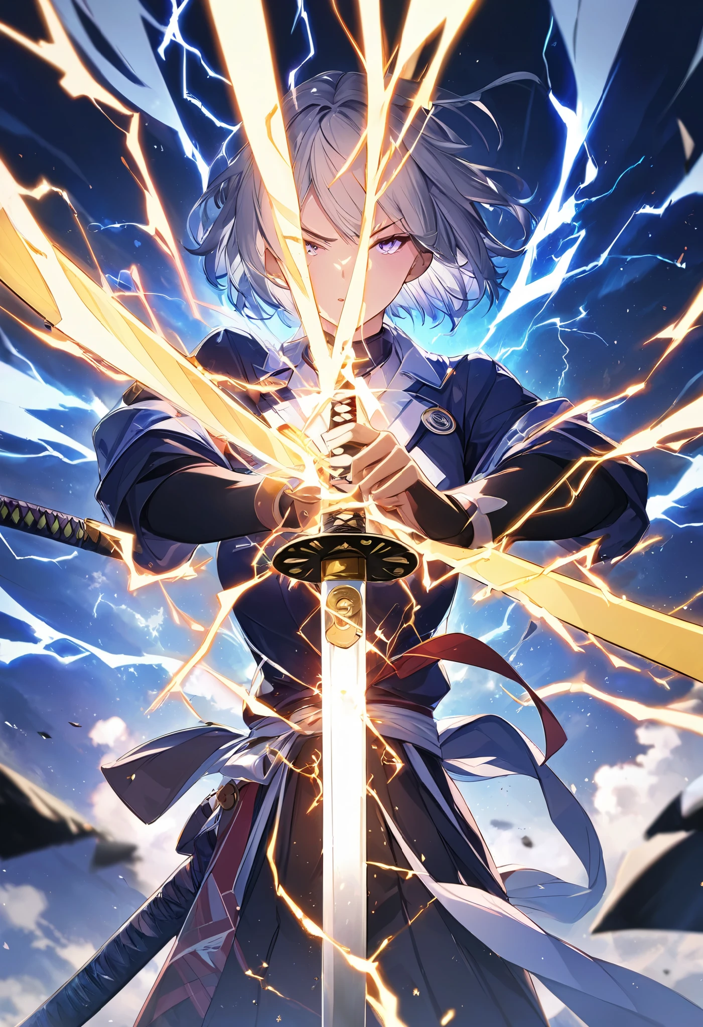 An anime illustration of a huge "X" logo being cut into pieces by a large KATANA that emits electricity. Intense electricity emission effect. masterpiece, best quality, extremely detailed CG unity 8k wallpaper,