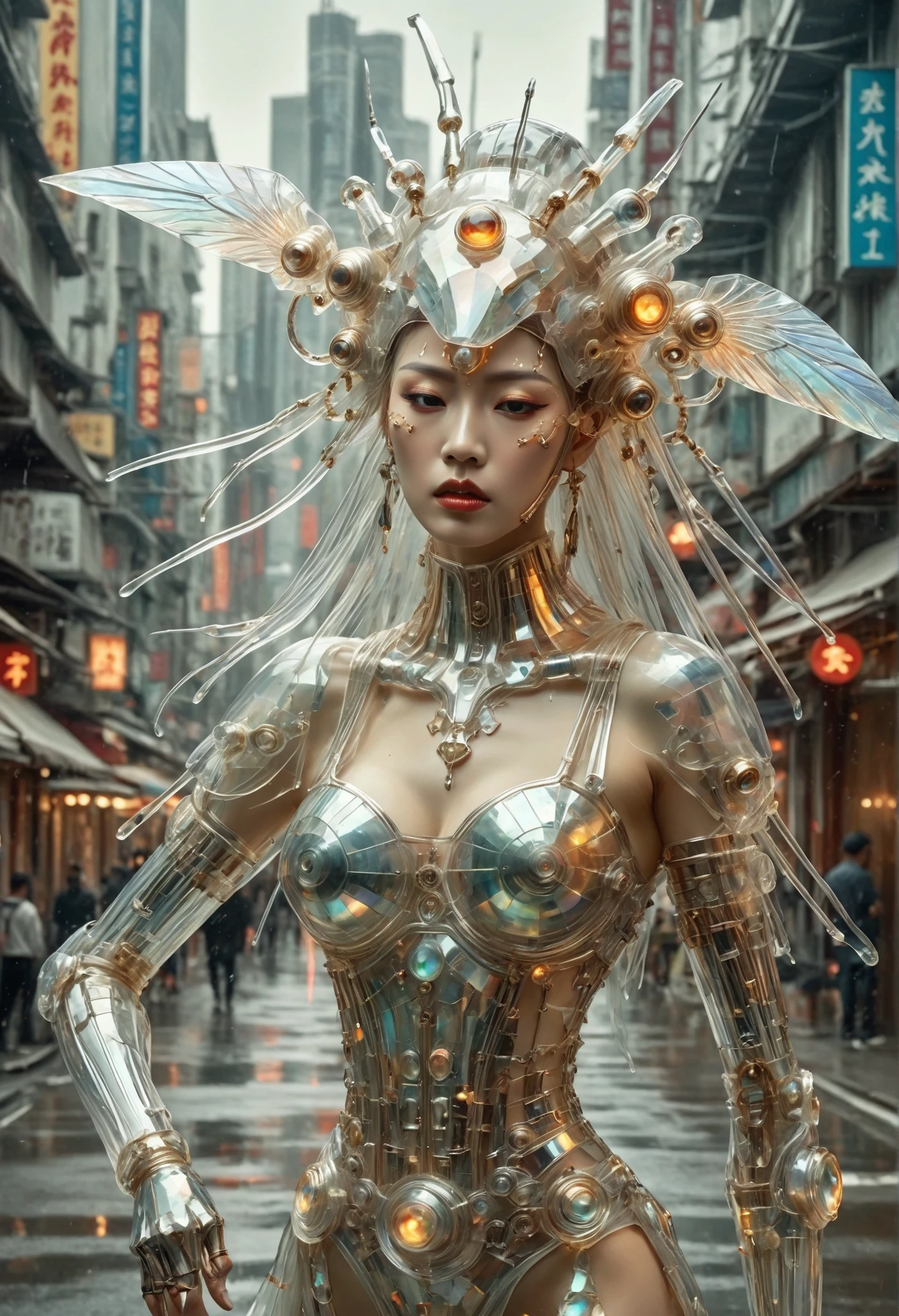 Futuristic native futurism, Actress Zhao Lusi plays the high-level cybernetic cyborg, Jade cyborg, Bikini, gigantic cleavage breasts, full body post, A beautiful young woman like Pan Jinlian, wear shorts and a hat walk street, the Japanese goddess of war, sexy body, sensuality, Artistic details, Cyberpunk Chinese mythology, Epic science fiction fantasy, Centered, In the style of Nick Alm's fantasy futuristic fantasy works, Dark prism, Dark, Metal composition, symmetrical arrangements, Iridescent metallic , distinctive noses, Ethereal, Blood splattered multicolored, eye-catching metallic compositions, Symmetrical geometry, distinctive noses, gothic references, With bold lines and black stripes, White, Red, Gold and silver, Fantasy science fiction art, a detailed painting, ,Alex Alemanni merges with Carol Barker