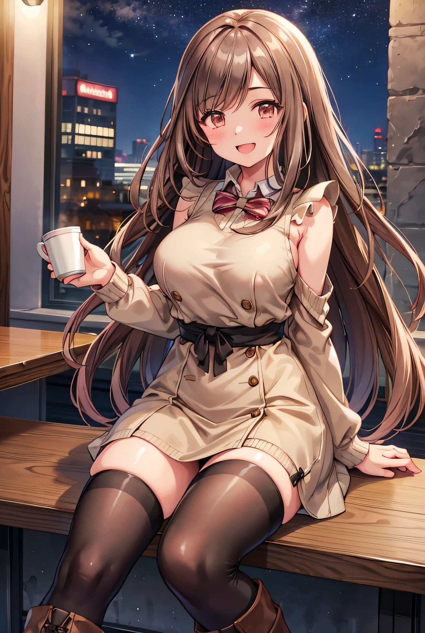  1 girl, solo,  High Resolution , Long Hair, (Large Breasts),  looks,  blushes, smile, Brown Hair, masterpiece, accurate,  anatomically correct,  Multiple Award Winners ,  detail,  high definition models, 高い detail, high quality,  very detailed , Retina,  textured skin,  ultra-fine, whole body, Italian cityscape, Black sweater,  beige miniskirt, Brown long boots, Italian cafe , autumn, night, Starry Sky, Terrace seats, Cooking on the desk,  sit on a chair,  brown eyes , smile, Open your mouth,Accentuate your lower body,  Knee-High Socks , holding a coffee cup, Panty shot, Pink underwear, Spread your legs, Close your eyes,