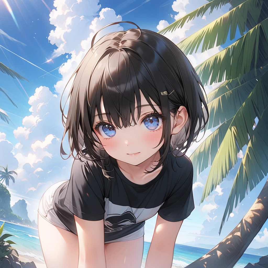 masterpiece, Mountainous Regions, desert, Black Hair, blunt bangs, short hair, Ahoge, blue eyes, (((nude))), 1 girls, open mouth, organic , Ahegao, fang, (((glaring))), spread legs, abs, Upper Body, Sweat, cum on pussy, front, From above, arms behind head