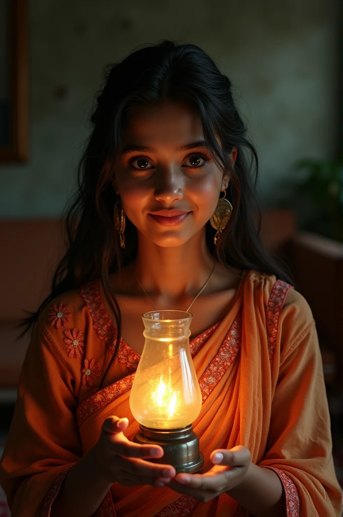an Indian girl holding an ancient lamp, butterflies, and other lovely insects