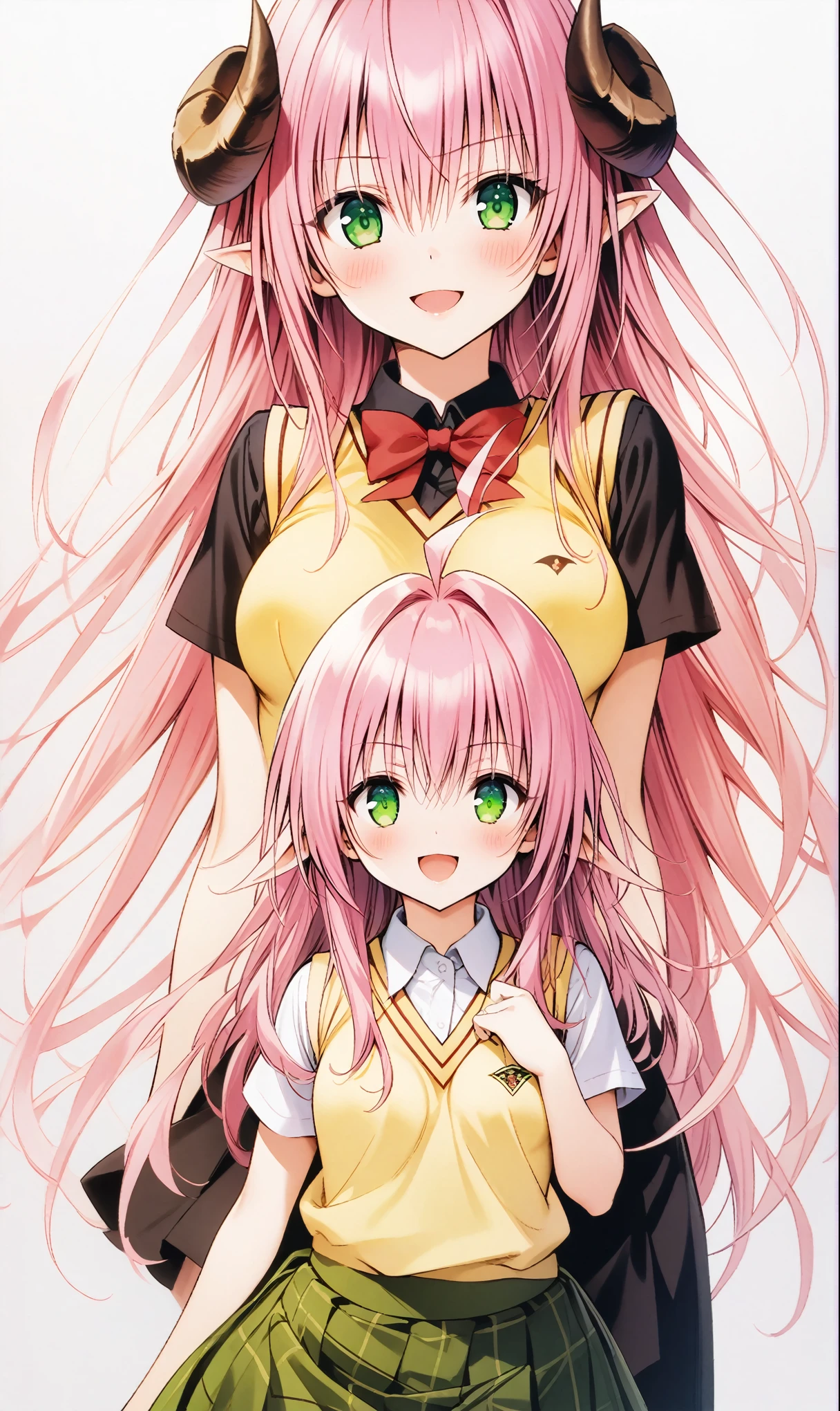 lala satalin deviluke, green eyes, pink hair, long hair, ahoge, (medium breasts:1.2), school uniform, skirt, sweater vest, looking at viewer, light smile, upper body, 
masterpiece, best quality, very aesthetic, absurdres, straight-on, 
 pink hair 、Devil horns、 dress、chestがすごくでかい 
長い髪, chest, 大きなchest, Long pointed ears,  open your mouth slightly, 