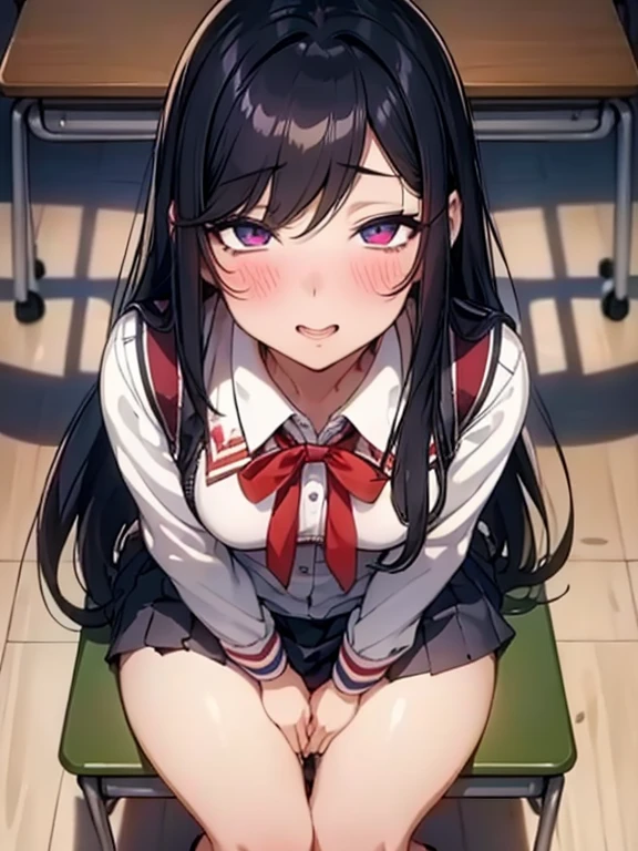 1 femboy, Beautiful crossdresser boy who can't hide his erection，high school student，Classroom，Beautiful boy with long black hair，He masturbates during class so that no one will notice.，ahegao,embarrassed.，His thighs are stained with his cum. He is sitting，He secretly ejaculates under the desk.