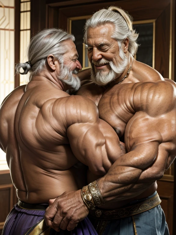 ((       hyperrealistic image      ))    Of an elderly Greek god Zeus smiling in his embrace at an elderly very muscular African slave,      shirtless     ,Adonis ,      bodybuilder with gray hair over 80 years old with very oily skin and weighing more than 200 kg with,       saggy breasts     ,     pointed nipples   , and tattooed arms,      dressed in a short linen skirt in the routines of a Greek temple  