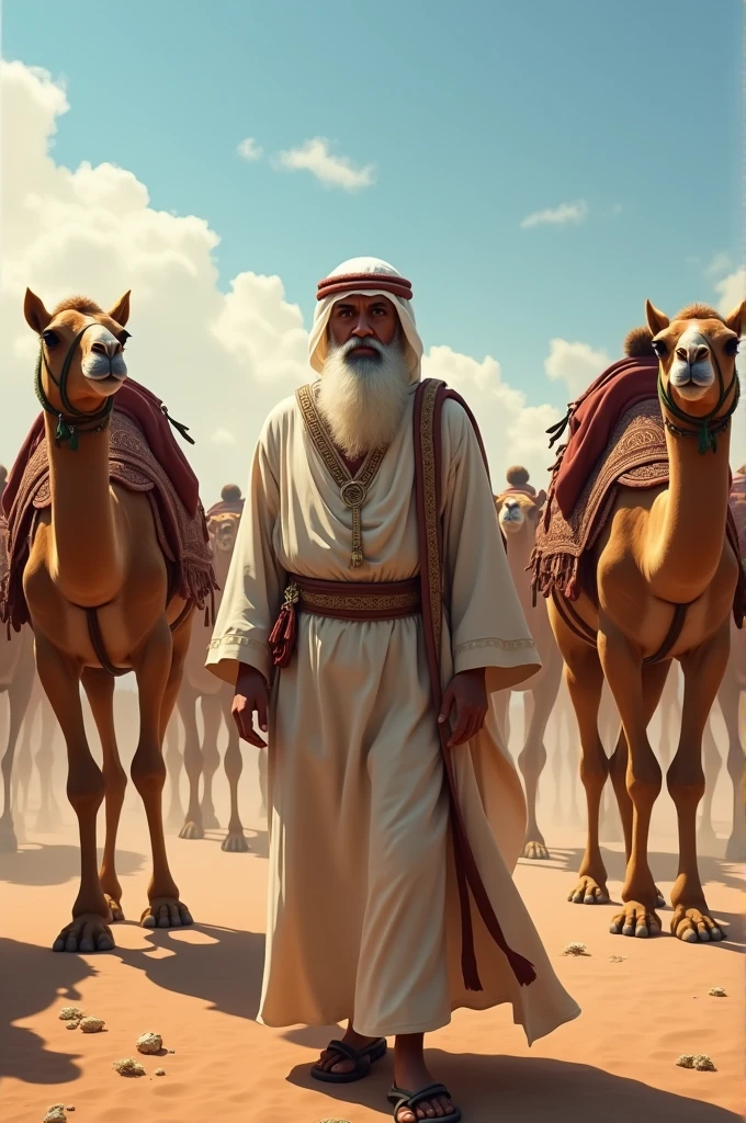 A wise man in the time of Moses with a whole body. Next to a camel. His sad and worried face. Even in a barren desert, his presence brings hope and faith. This image depicts a transcendent moment in history where faith and divine guidance can guide humanity. (super realistic) (in 4k) (cinematic)