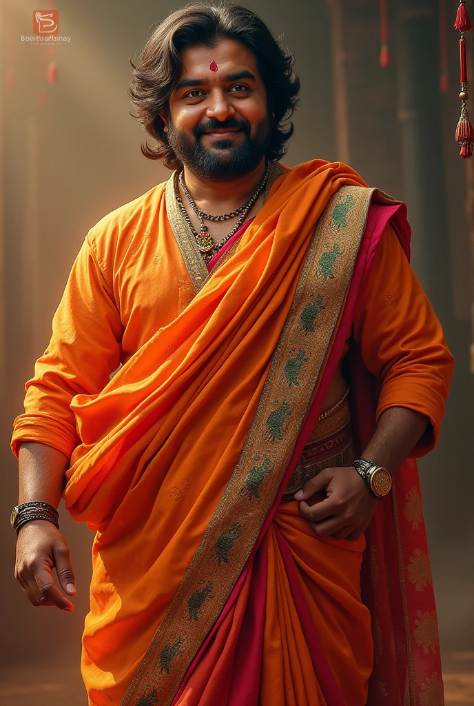 Create a traditional image of Maveli, the Onam king, in a richly decorated dhoti and crown, with a friendly expression. Include a lush, he is in a clothing shop with a poster in his hand