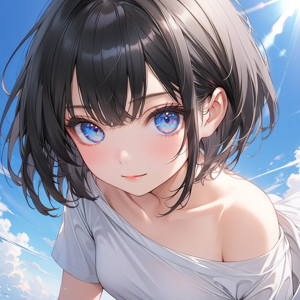 Highest quality、Highest Resolution、Highest quality、16Ｋ、One beautiful woman、Cute face、Delicate face、Bob cut hair、Dark Hair Color、Pale blue eyes、Beautiful breasts、