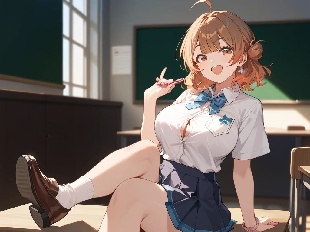 1girl, solo,
ume-default, hanami ume, brown eyes, brown hair,medium hair, hair bun,ahoge,
(masterpiece、Highest quality、Very detailed)), One girl, gyaru, Large Breasts, ((White collared shirt)), ((A bow tie)), ((Black pleated skirt)), ((white knee-highsocks)), loafers, Classroom Background, 
smile, open mouth,