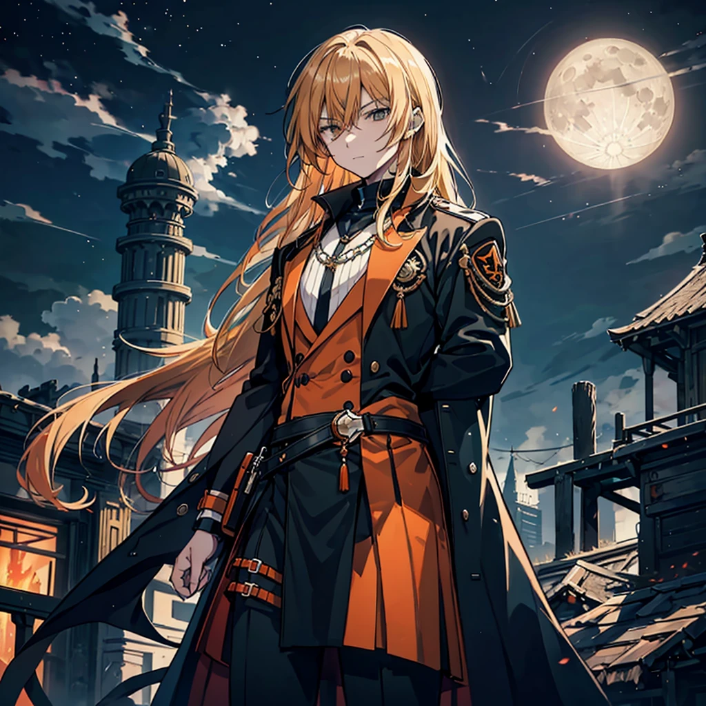 orange battle coat, Orange and black outfit ,  long brand hair,  straight hair,  long bangs  ,  close your mouth and laugh , ４０age,  handsome, Muscular, Narrow green eyes ,  Official Art、  best quality、  Unity 8K Wallpaper 、32K、masterpiece、Super detailed, Male nose, Male Eyes  , Male outline  ,  male skeleton  , carrying a large red sword , Light and Smoke Background , Moonlight,