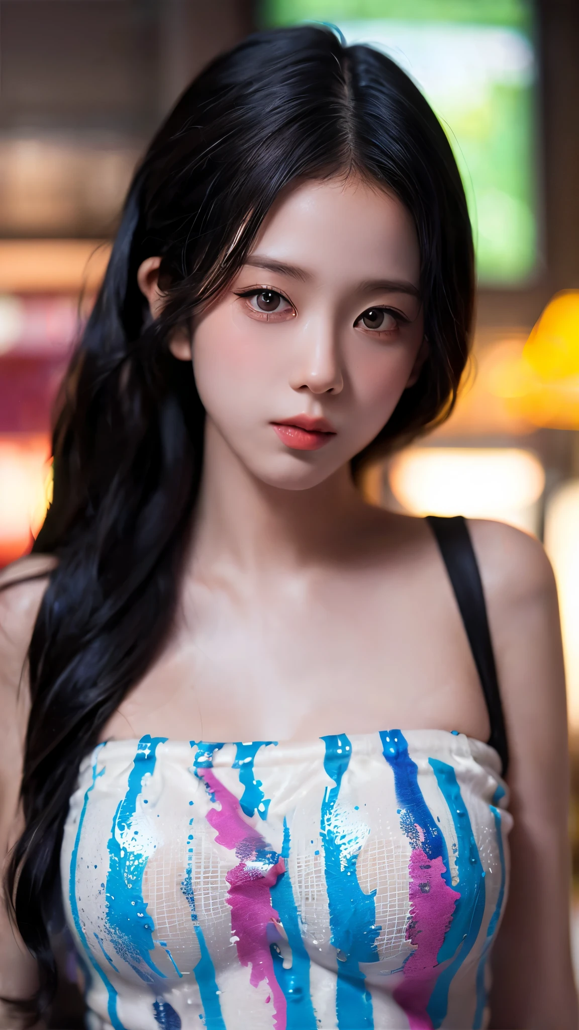 1girl, Tokyo street,night, cityscape,city lights, upper body,close-up, 8k, RAW photo, best quality, masterpiece,realistic, photo-realistic,